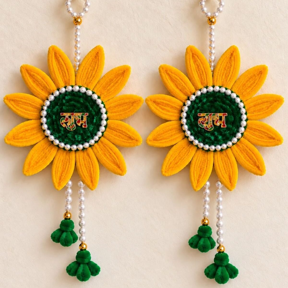 12. yellow floral shubh labh door hanging set with pearl detailing and green tassels set of 2 for diwali and home decor