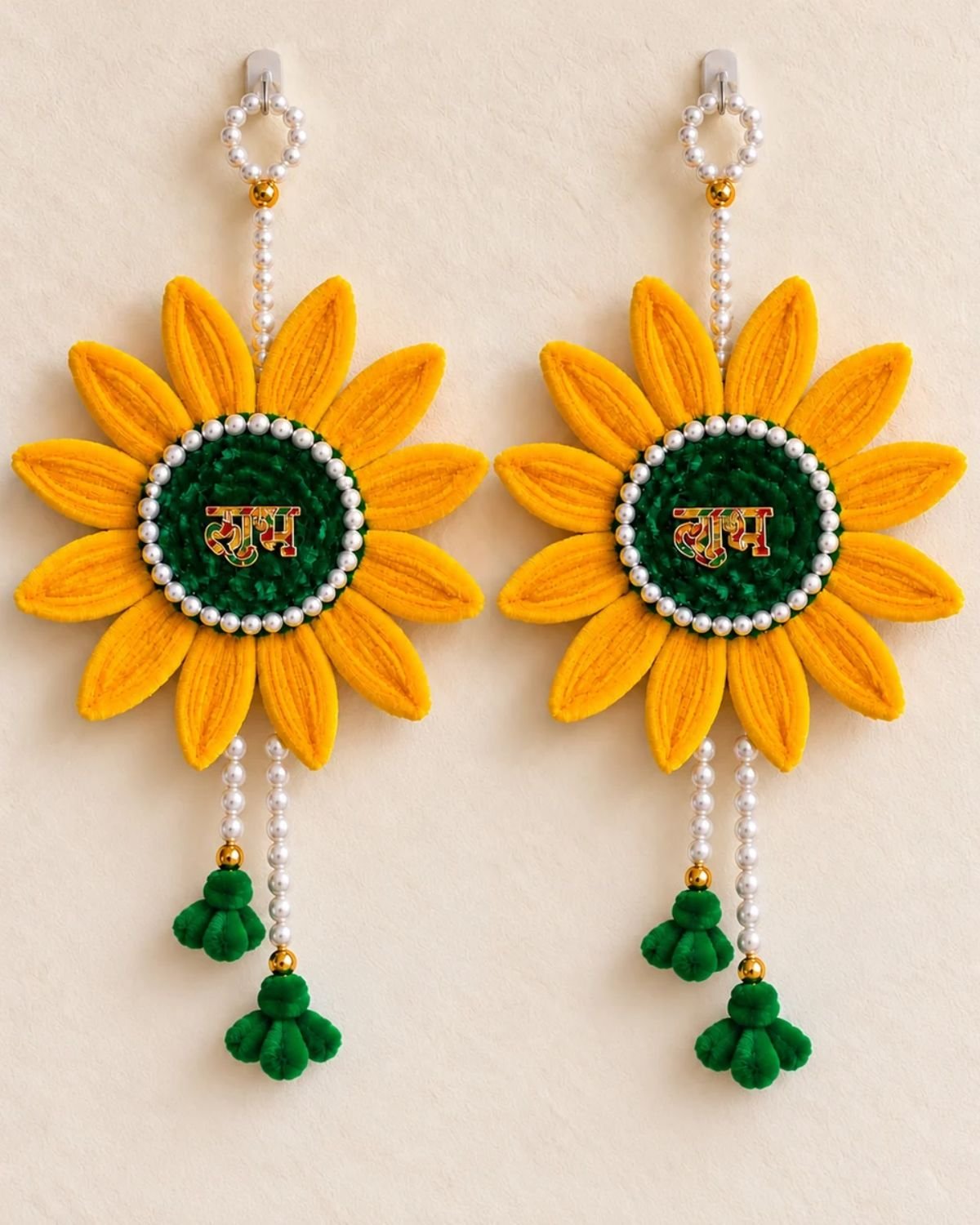 12. yellow floral shubh labh door hanging set with pearl detailing and green tassels set of 2 for diwali and home decor
