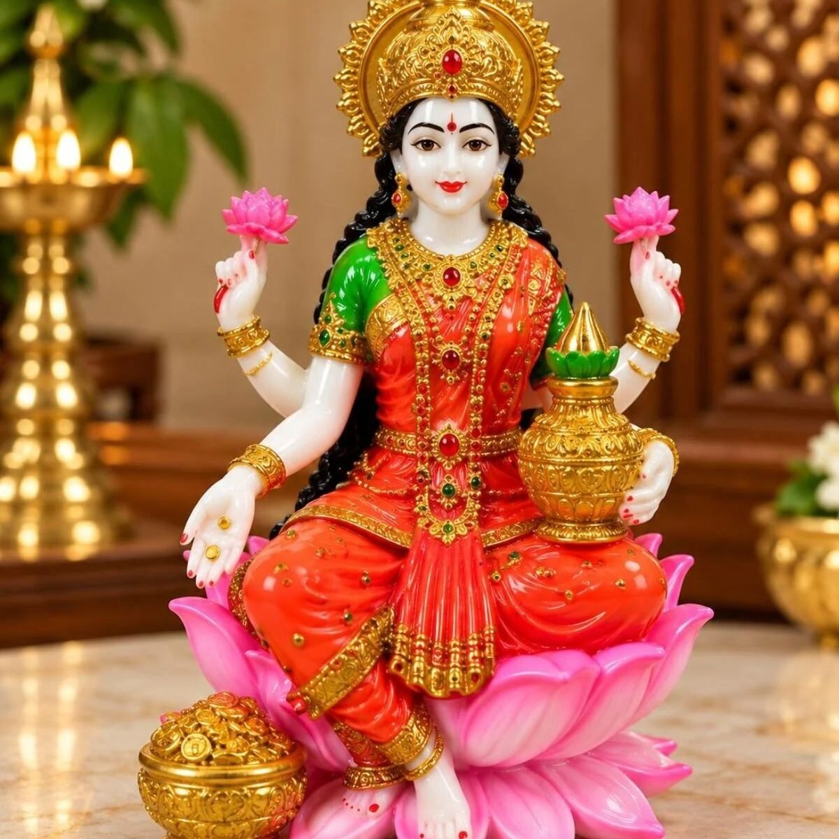 2. lakshmi mata statue seated on pink lotus with golden kalash for diwali pooja, home décor and festive gifting