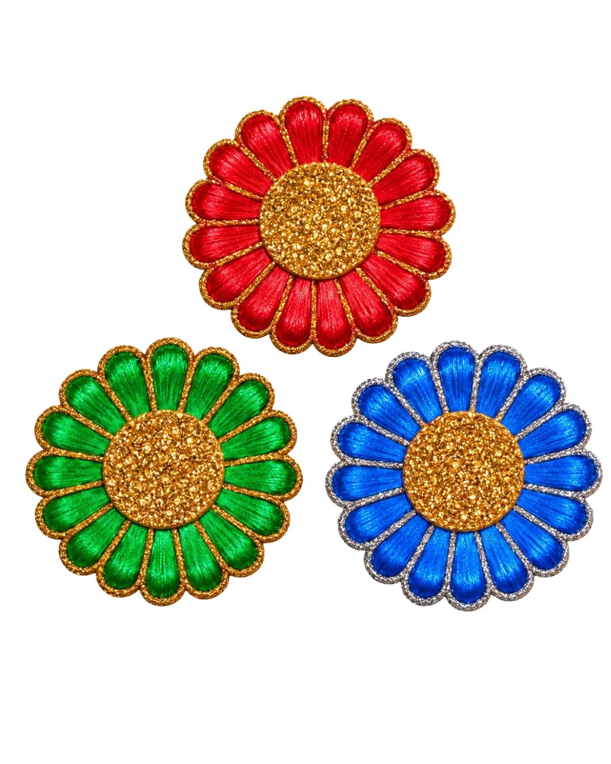 7. multicolour flower shaped multipurpose fabric decor with glitter centre for rangoli and festive decoration