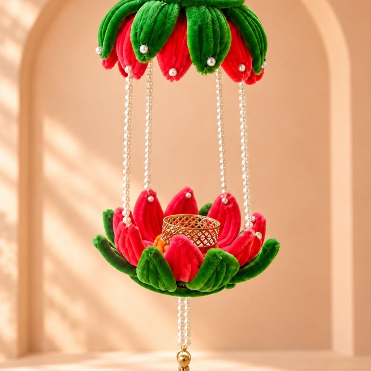 9. peach green hanging tealight holder with pearl bead strings for diwali and festive home decor 3